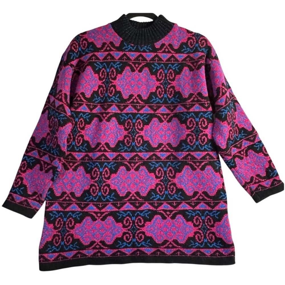 Vintage Dana Scott Pink Blue Geometric Metallic Knit Sweater Dress Made in USA
